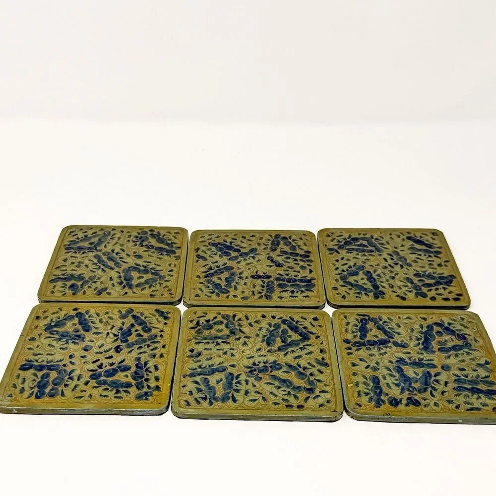 Vintage Kashmiri Papier Mache Lacquer Box 6 Hand Painted Floral Coasters